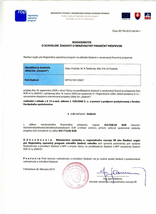 List o schválení z MVaRR SR